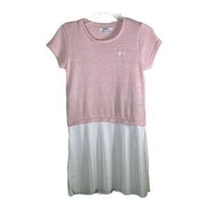 DKNY Girls XL Dress Pink Knit White Pleated Skirt Short Sleeve Casual
